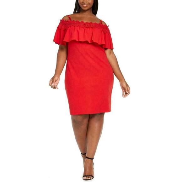 Bcx Stretch Party Cocktail Bodycon Dress Off-Shoulder Back Zipper Red Size 2X - Picture 1 of 6